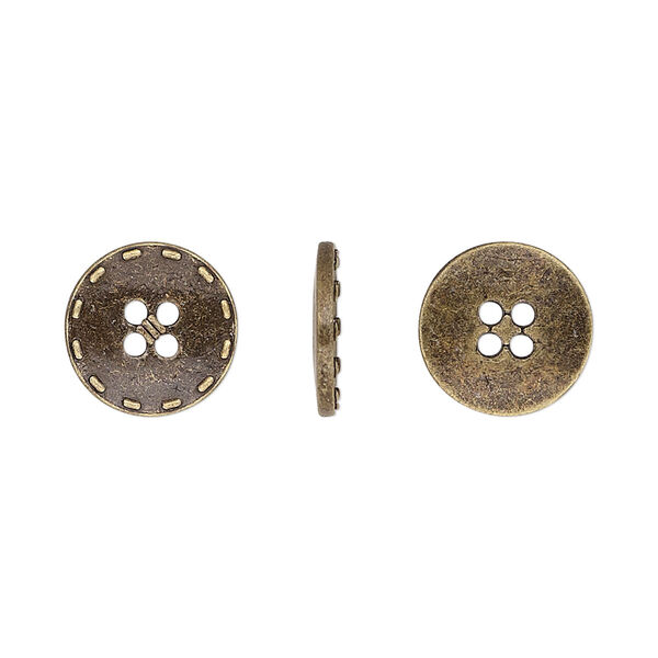 Button, antiqued brass-finished "pewter" (zinc-based alloy), 12mm single-sided flat round with stitched edge. Sold per pkg of 50. image number 0