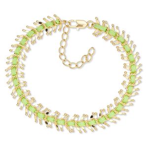 Bracelet, waxed cotton / gold-finished brass / steel, green, 10mm wide, 7-1/2 inches with 1-3/4 inch extender chain and lobster claw clasp. Sold individually.