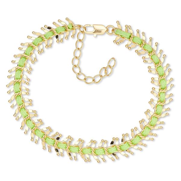 Bracelet, waxed cotton / gold-finished brass / steel, green, 10mm wide, 7-1/2 inches with 1-3/4 inch extender chain and lobster claw clasp. Sold individually. image number 0