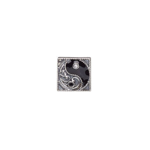 Bead 1pkg1 sterling silver, 10mm square yin-yang, clear cubic zirconia / enamel black / antiqued