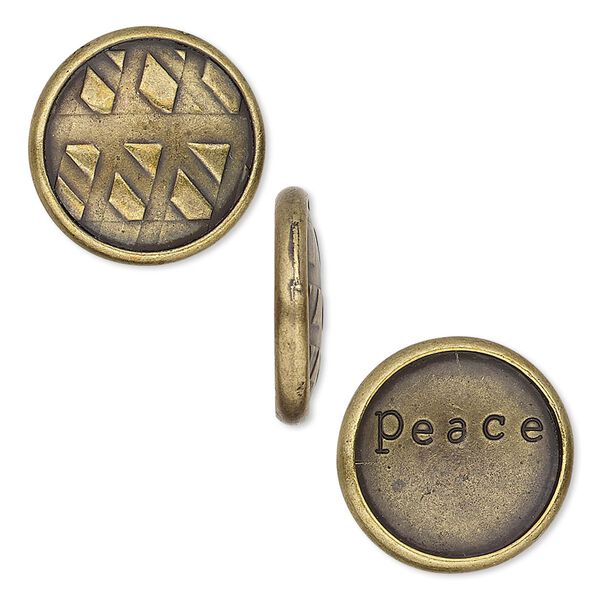 Snap cap, TierraCast®, glue-on, antique brass-plated pewter (tin-based alloy), 17.5mm single-sided textured round and "peace." Sold per pkg of 2. image number 0