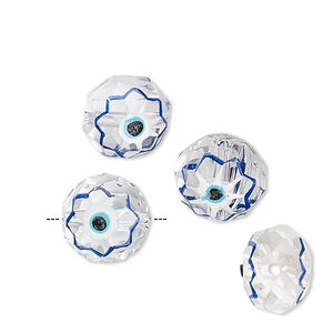 Bead, lampworked glass, multicolored, 12mm double-sided faceted round with hand-painted wards off the evil eye design. Sold per pkg of 4.