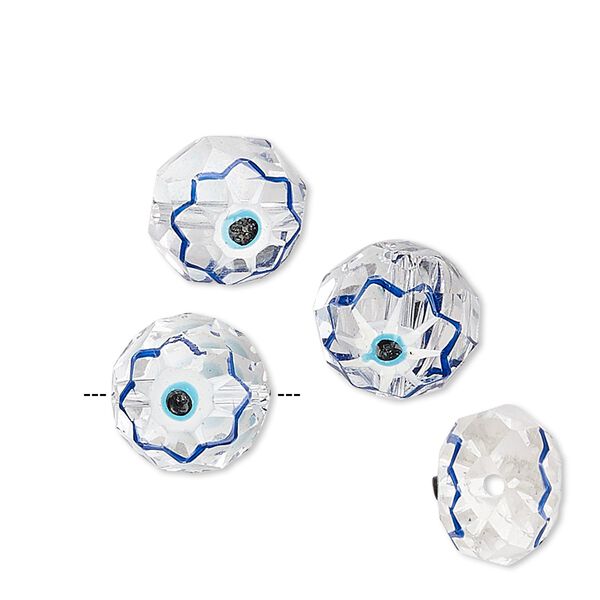 Bead, lampworked glass, multicolored, 12mm double-sided faceted round with hand-painted wards off the evil eye design. Sold per pkg of 4. image number 0
