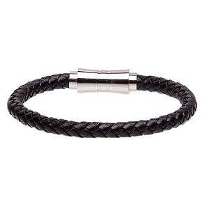 Bracelet, Everyday Jewelry, leather (dyed) and stainless steel, black, 6mm bolo cord, 6-1/2 inches with magnetic clasp. Sold individually.