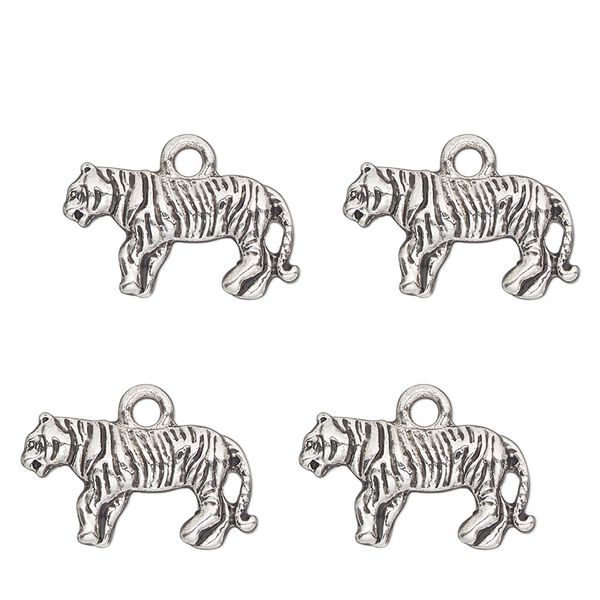 Charm, antique silver-finished "pewter" (zinc-based alloy) , 18x10mm single-sided tiger. Sold per pkg of 4. image number 0