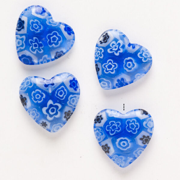 Bead, millefiori glass, pkg/4, translucent blue/black/white, 18-20mm half-drilled puffed heart. image number 0