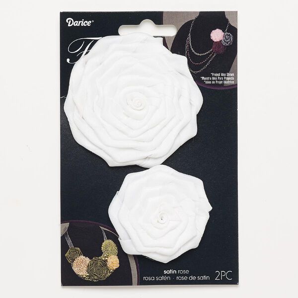 Sew-on component, satin, white, 1-3/4 inch and 3 to 3-1/4 inch rose. Sold per pkg of 2. image number 0