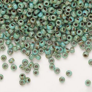 Seed bead, Miyuki, glass, pkg/50g, #8 rocaille, opaque Picasso turquoise blue, (RR-4514).