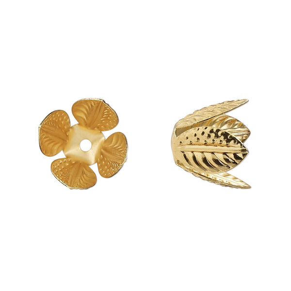 Bead cap, gold-finished steel, 14x12mm leaves, fits 10-12mm round bead. Sold per pkg of 20. image number 0