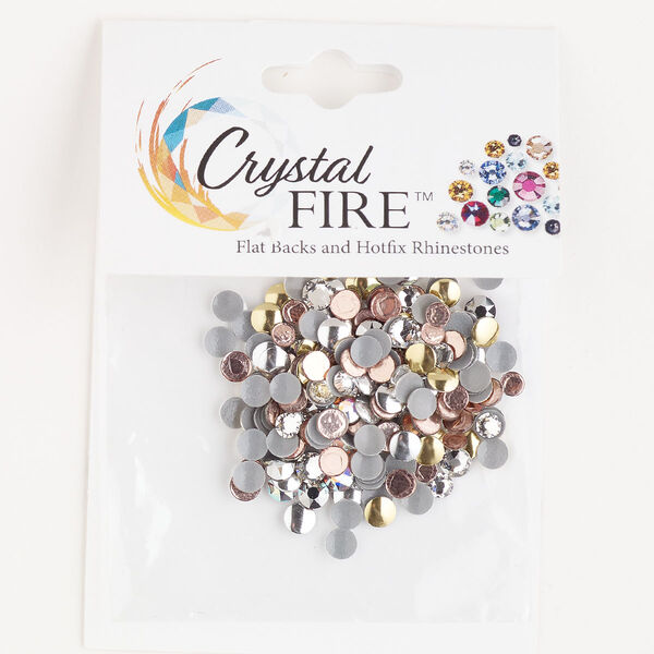 Flat back / rhinestud 1pkg200 mixed colors foil back / mixed metal plate, Crystal Fire® rhinestone / brass 3-4mm hotfix round / 4mm rose round SS12-SS16 image number 0