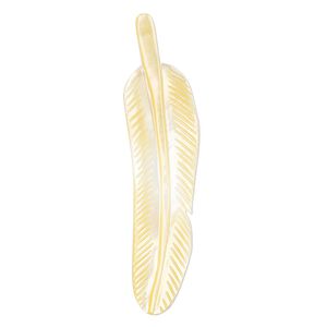 Focal, gold lip shell (natural), 2-1/3 x 2/3 inch hand-cut top-drilled single-sided carved feather, Mohs hardness 3-1/2. Sold individually.
