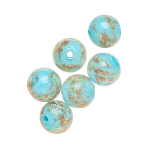 Bead, lampworked glass, clear / light blue / glow-in-the-dark / gold, 10mm round. Sold per pkg of 6.