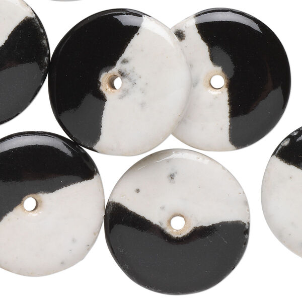 Bead, porcelain, black and white, 22mm double-sided round donut. Sold per pkg of 10. image number 0