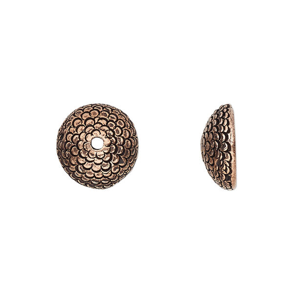 Bead cap, pewter (tin-based alloy), pkg/1, antique copper plate, 12.5x5mm textured round, fits 10-12mm bead. image number 0