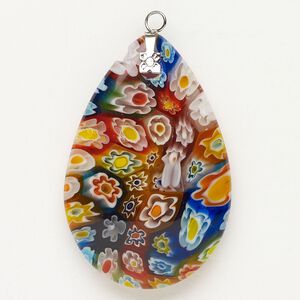 Focal 1pkg1 silver-finished steel and millefiori glass, translucent and transparent multicolored, 47x30mm-48x33mm puffed teardrop.