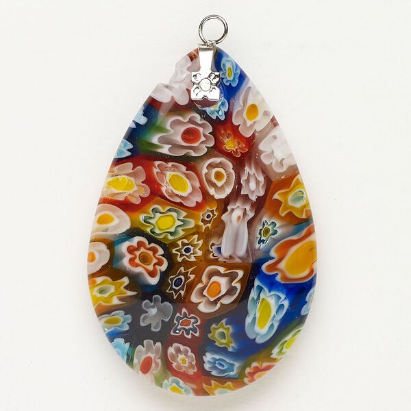 Focal 1pkg1 silver-finished steel and millefiori glass, translucent and transparent multicolored, 47x30mm-48x33mm puffed teardrop. image number 0