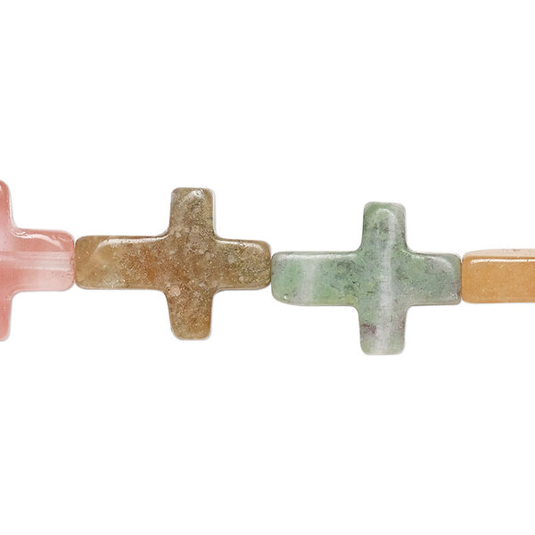 Bead, multi-gemstone (natural / dyed / manmade) and glass, multicolored, 16x12mm hand-cut cross, B grade. Sold per 15-1/2" to 16" strand. image number 0
