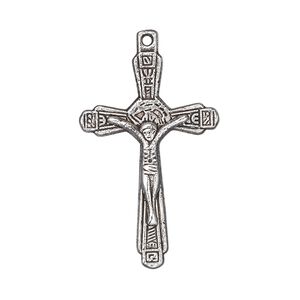 Focal, antique silver-plated "pewter" (zinc-based alloy), 32x20mm single-sided crucifix with "bless and save" in Russian on back. Sold per pkg of 10.