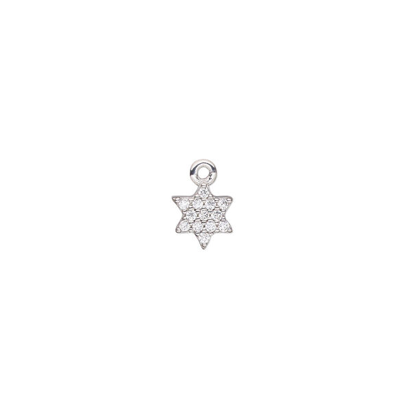 Drop, cubic zirconia and rhodium-plated sterling silver, clear, 7x6.5mm single-sided flat Star of David. Sold individually. image number 0