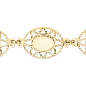 Bracelet, gold-finished steel, 16.5mm oval with sun design and (6) 11x8mm oval cabochon settings, 7 inches with snap hook clasp. Sold individually.