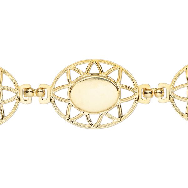 Bracelet, gold-finished steel, 16.5mm oval with sun design and (6) 11x8mm oval cabochon settings, 7 inches with snap hook clasp. Sold individually. image number 0