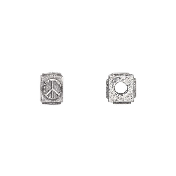 Bead, antiqued pewter (tin-based alloy), 8x6mm rectangle with peace symbol. Sold per pkg of 4. image number 0
