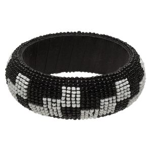 Bracelet, bangle, wood / glass / polyester, black and white, 30mm wide with checkered design, 8 inches. Sold individually.