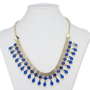 Necklace, acrylic with gold-finished steel and "pewter" (zinc-based alloy), lapis blue, round and teardrop, 18 inches with 3-inch extender chain and lobster claw clasp. Sold individually.