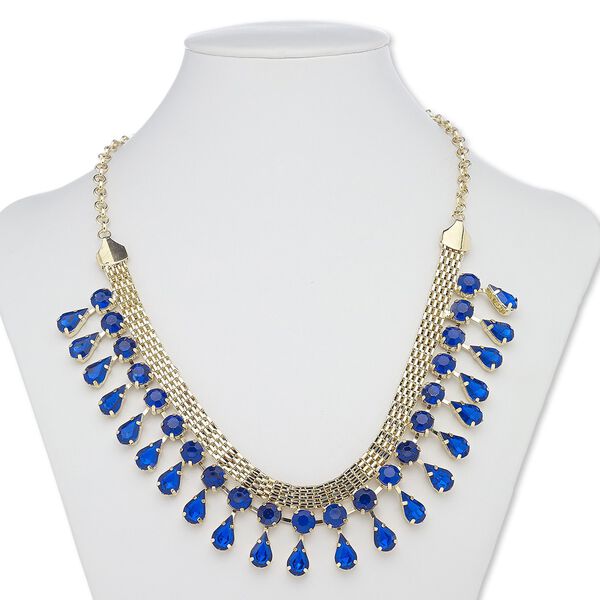 Necklace, acrylic with gold-finished steel and "pewter" (zinc-based alloy), lapis blue, round and teardrop, 18 inches with 3-inch extender chain and lobster claw clasp. Sold individually. image number 0