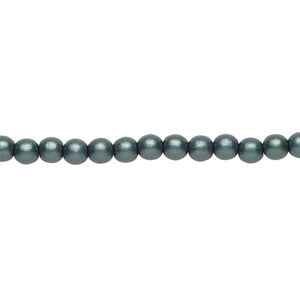 Bead, Czech glass druk, opaque satin dark green, 4mm round. Sold per 15-1/2" to 16" strand.