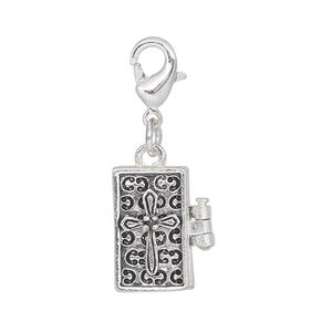 Drop, antique silver-finished "pewter" (zinc-based alloy), 17x10mm rectangle prayer box with cross design and magnetic closure with lobster claw clasp. Sold individually.