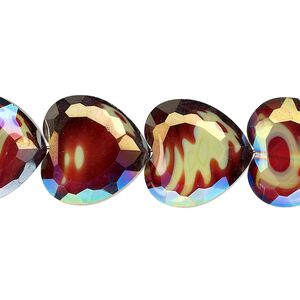 Bead, millefiori glass, marbled yellow and red AB, 16x16mm faceted heart. Sold per 8-inch strand, approximately 10 beads.