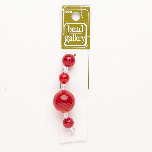 Bead 1pkg4 handblown glass, 10-20mm round / line design, assortment translucent red / black image number 0