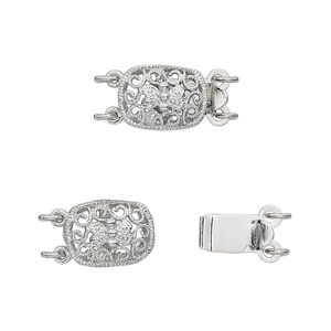 Clasp tab 1pkg4 silver-plated, 11x9mm filigree oval, brass antique 2-strand