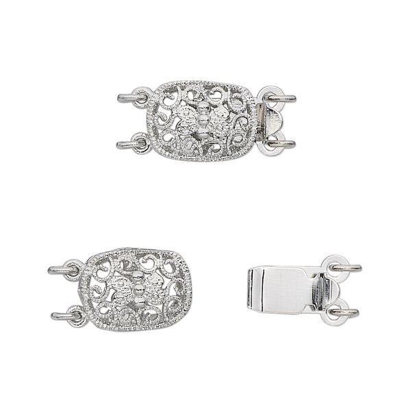 Clasp, 2-strand tab, antique silver-plated brass, 11x9mm oval filigree. Sold per pkg of 4. image number 0