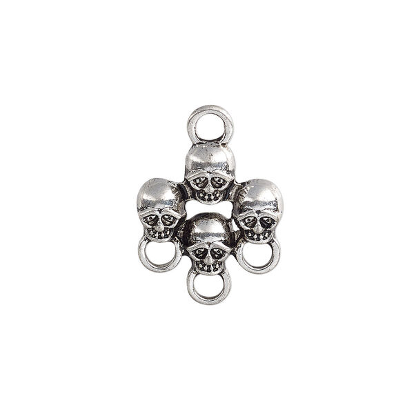 Drop, antique silver-plated "pewter" (zinc-based alloy), 17x16mm single-sided skulls with 3 loops. Sold per pkg of 6. image number 0