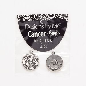 "Pewter" (zinc-based alloy) / enamel 1pkg2, 2-sided round charm / Cancer / "Imaginative" antique silver-finish / black 17mm