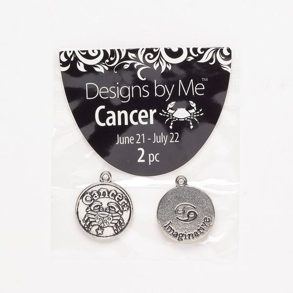 "Pewter" (zinc-based alloy) / enamel 1pkg2, 2-sided round charm / Cancer / "Imaginative" antique silver-finish / black 17mm image number 0