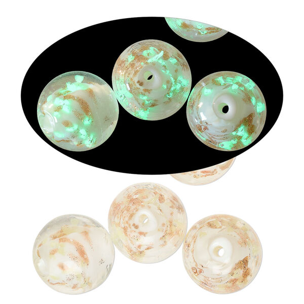 Bead, lampworked glass, clear /opaque white/ glow-in-the-dark / gold, 14mm round. Sold per pkg of 4. image number 0