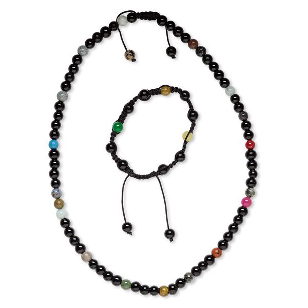 Necklace and bracelet, multi-gemstone (natural / dyed / manmade / imitation) / glass / nylon, black and multicolored, 7-8mm round, 22-25 inches with macramé knot closure, 7- to 10-inch bracelet with macramé knot closure, adjustable. Sold per set. image number 0