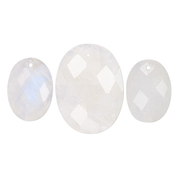 Drop, rainbow moonstone (natural), 14x10mm and 20x15mm hand-cut single-sided faceted domed oval, C grade, Mohs hardness 6 to 6-1/2. Sold per 3-piece set. image number 0