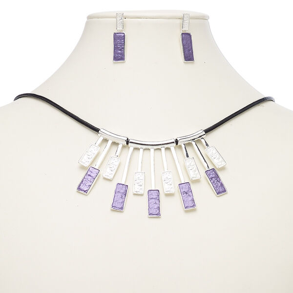 Necklace and earring set, leather (dyed) / enamel / imitation rhodium-finished steel / brass / "pewter" (zinc-based alloy), lavender, geometric fan, 18-inch necklace with 2-inch extender chain and lobster claw clasp, 31.5mm earrings with post. Sold per set. image number 0