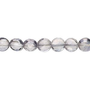 Quartz crystal 1pkg1, hand-cut faceted puffed flat round bead 7 inch 6-8mm