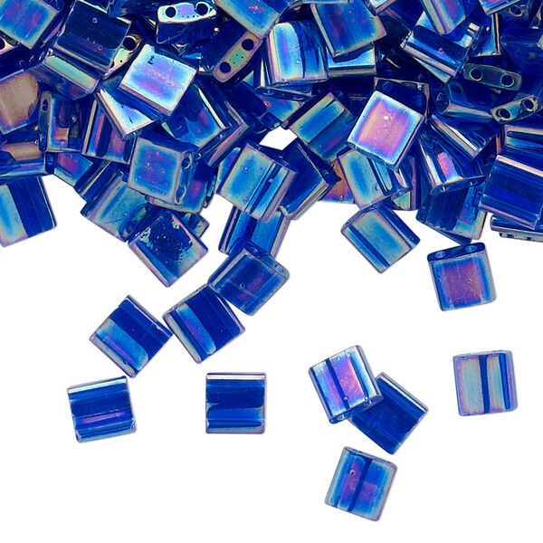 Seed bead, TILA®, glass, pkg/250g, 5mm full tila square, translucent rainbow dark cobalt, (TL-177). image number 0