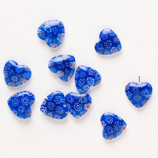 Bead, millefiori glass, pkg/10, translucent cobalt blue/red/white, 13-15mm half-drilled puffed heart. image number 0