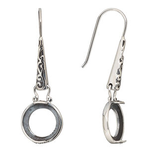 Earring fishhook 1pkg2 sterling silver, 42.5mm / fancy dot design / 12mm round 2-prong open back cab setting, 20 gauge antiqued 1 pair