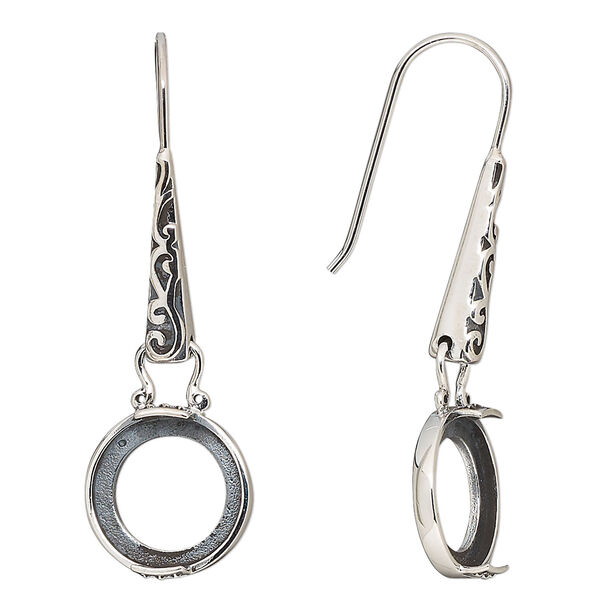 Earring fishhook 1pkg2 sterling silver, 42.5mm / fancy dot design / 12mm round 2-prong open back cab setting, 20 gauge antiqued 1 pair image number 0