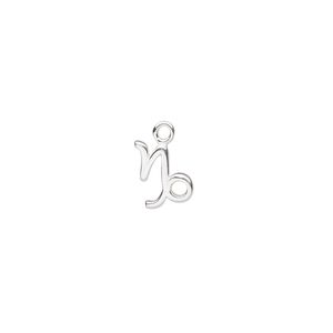 Charm, sterling silver, 9x8mm single-sided Capricorn zodiac symbol. Sold individually.