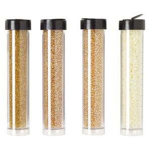 Seed bead assortment, Ming Tree™, glass, pkg/(4) 4 x 3/4 inch vials, #11 round, opaque and transparent ceylon luster yellow, tan and amber yellow.