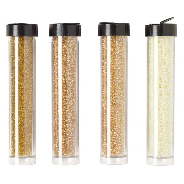 Seed bead assortment, Ming Tree™, glass, pkg/(4) 4 x 3/4 inch vials, #11 round, opaque and transparent ceylon luster yellow, tan and amber yellow. image number 0